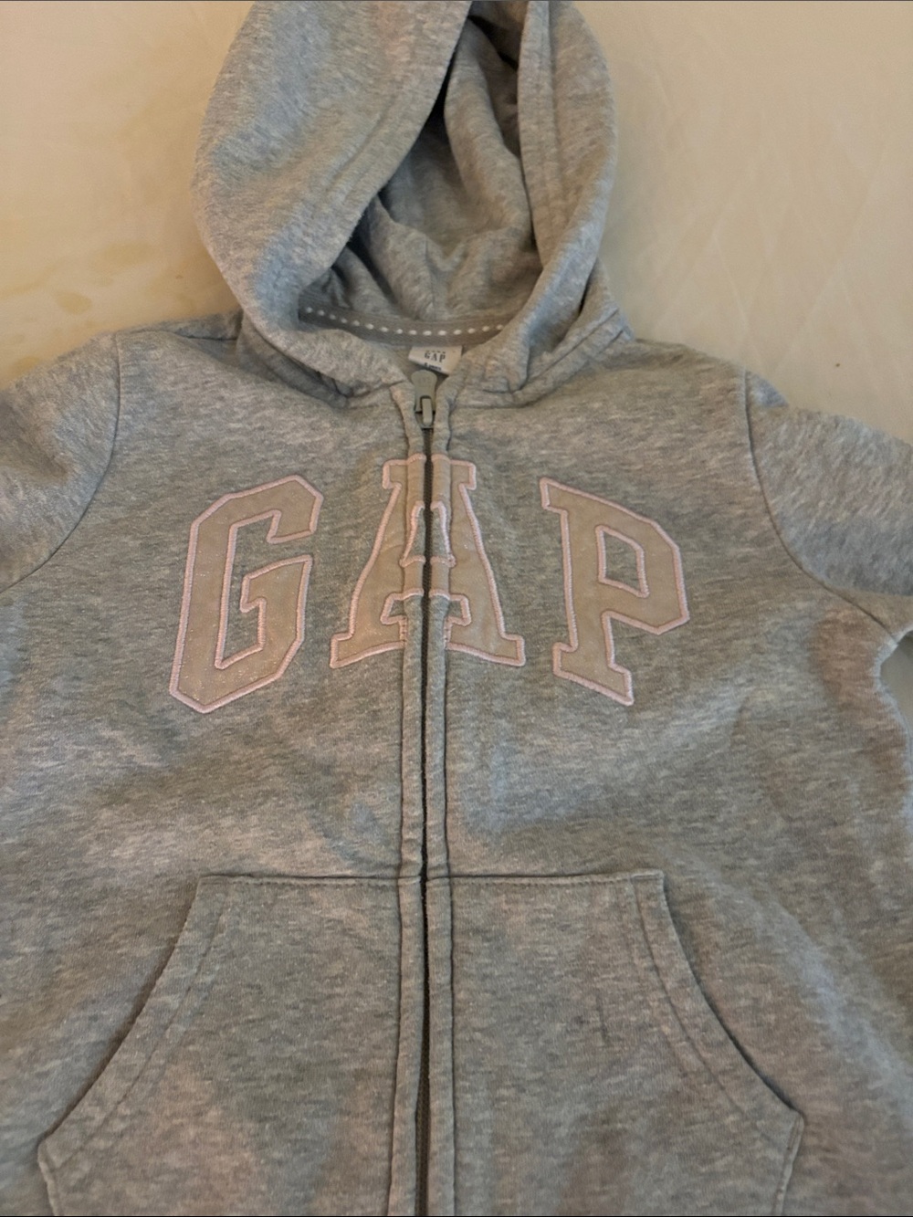 GAP Light Gray Zip Hoodie with Pink Trim Logo - Kids